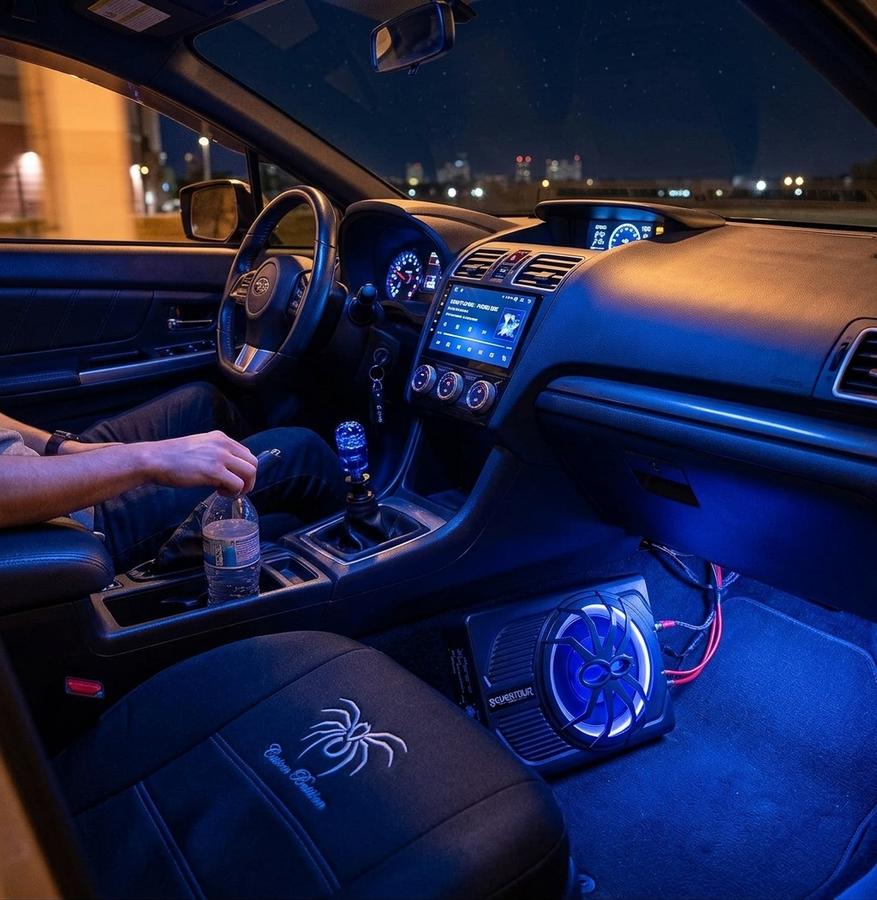 Seventour 10-inch slim subwoofer mounted under a car seat