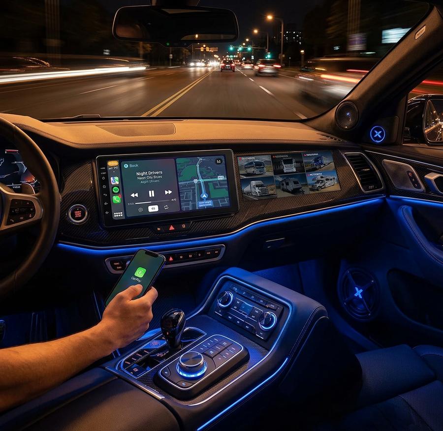 Seventour 6-camera system showing split-screen view on truck dash