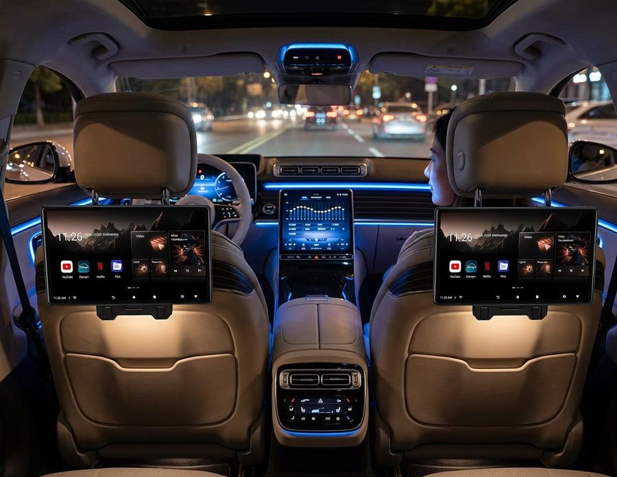 Dual headrest monitors streaming content during a road trip